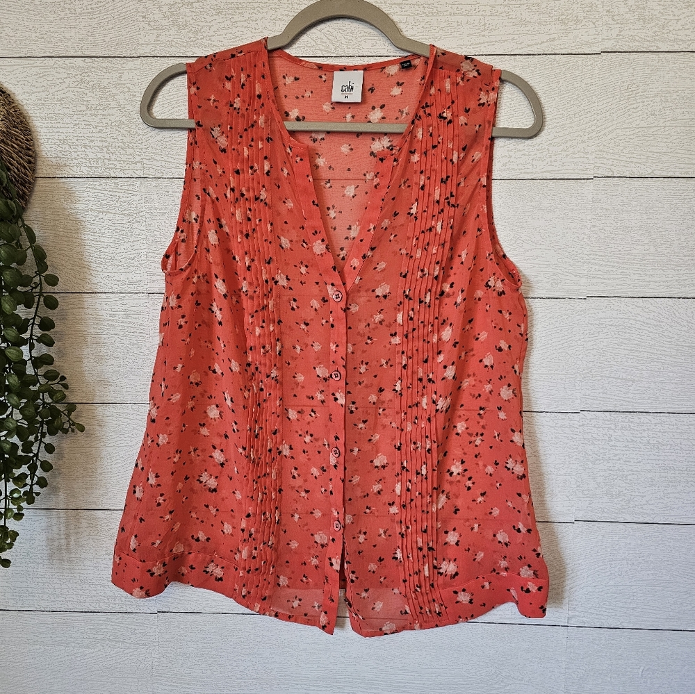 Cabi # 5350 Coral Blossom Pintuck Floral Sleeveless Blouse Size Medium